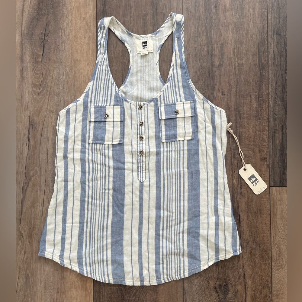 NWT Quiksilver Womens Small Tank Top Cotton Blue White Striped Vacation Beach